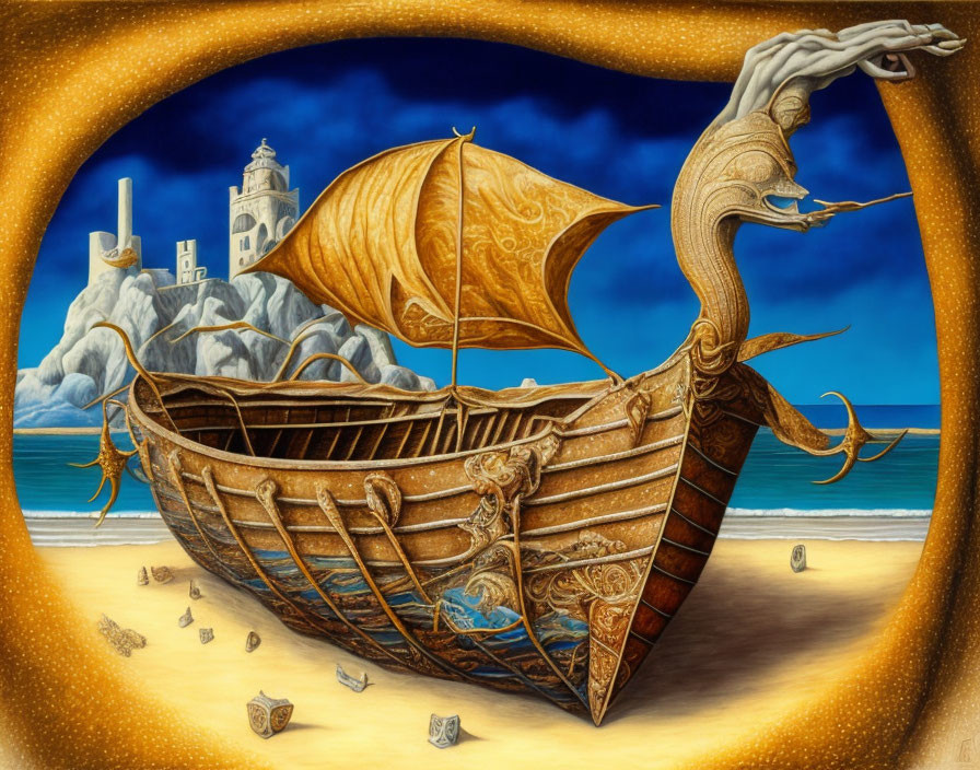 Fantastical ship with dragonhead prow on sandy shore with scattered treasure, castle, lighthouse,