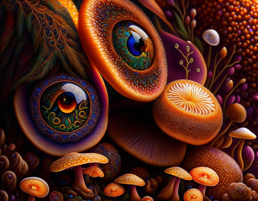 Colorful surreal artwork: peacock feathers, vibrant mushrooms, intricate patterns.