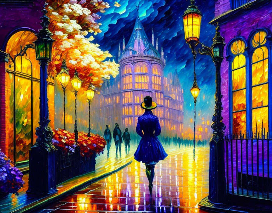 Person walking to castle on rain-slicked street under starry sky