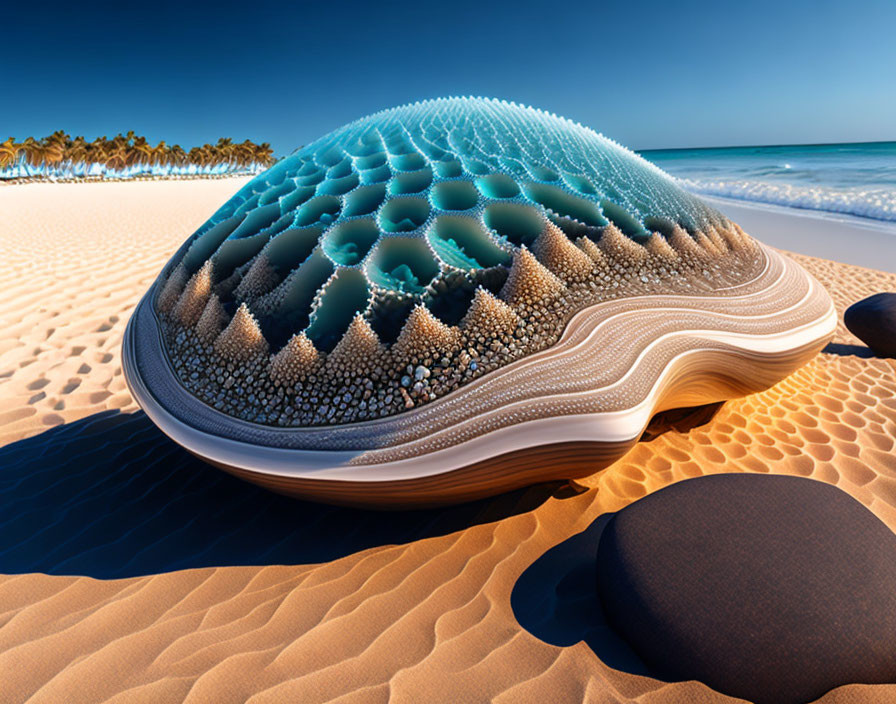 Surreal shell-like structure on sandy beach under clear blue sky