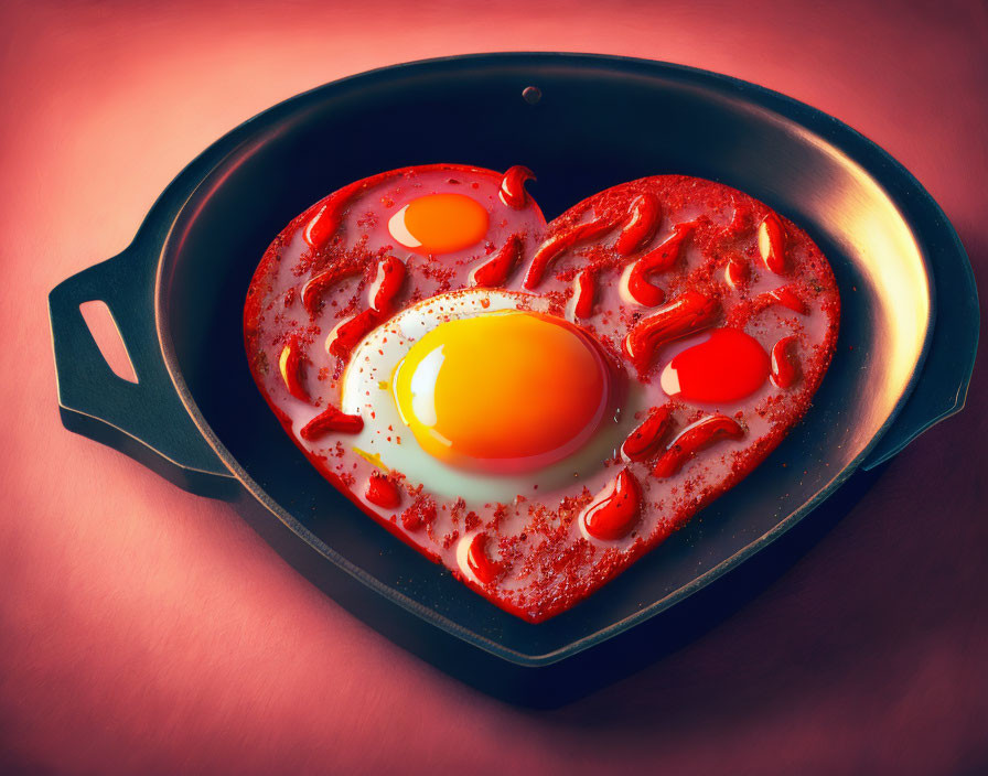 Heart-shaped skillet with sunny-side-up eggs and bell peppers on crimson background