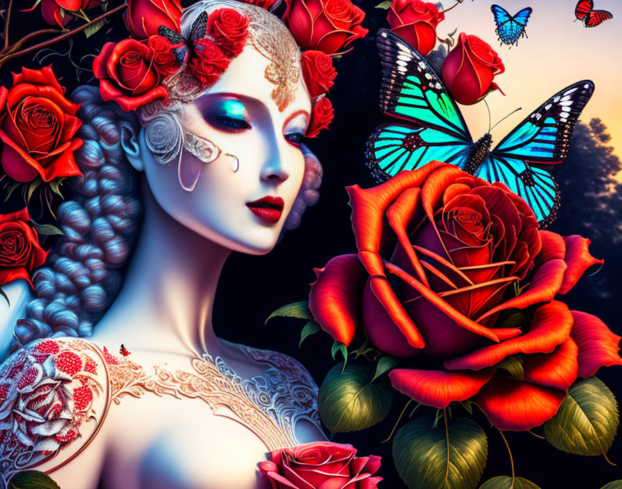 Fantasy illustration of woman with red roses, body art, and butterfly on dark background