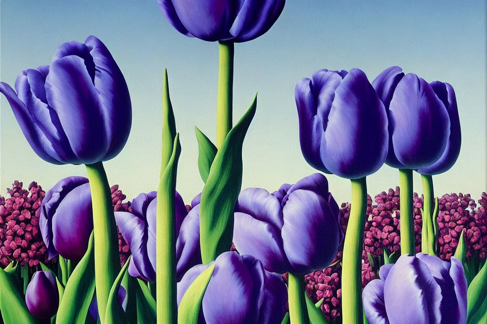 Colorful painting of purple tulips under blue sky