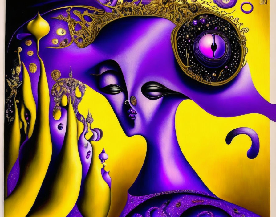 Abstract art with purple and yellow hues and face-like forms with third eye motif