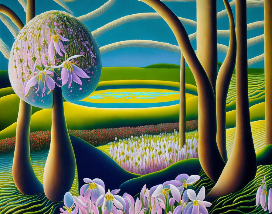 Vibrant surreal landscape painting with bulbous trees and floating floral sphere