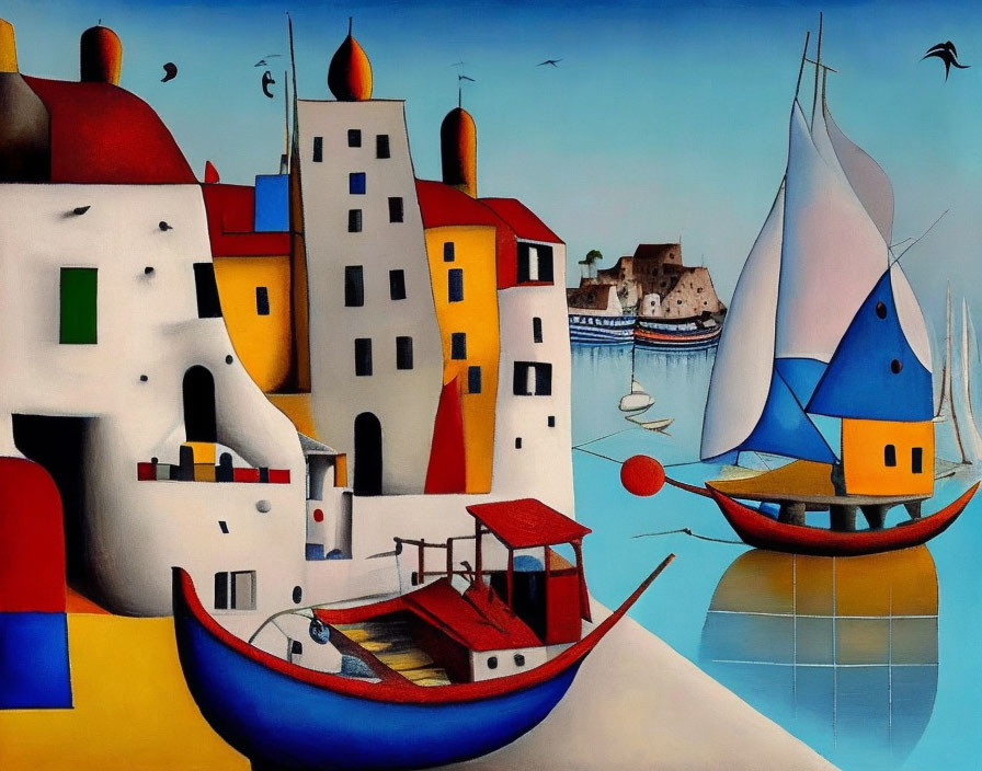 Colorful Coastal Village Painting with Blue Sail Boats & Clear Sky
