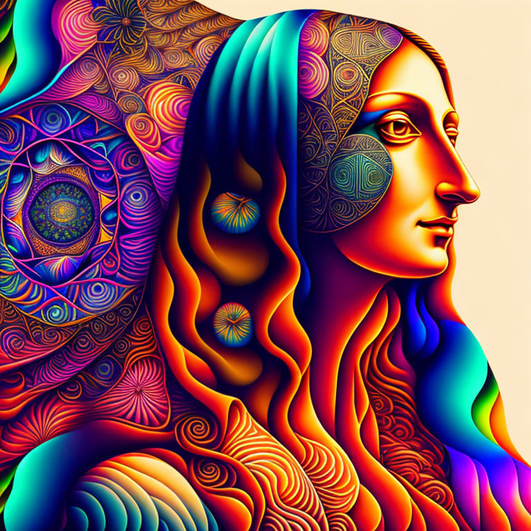 Colorful Psychedelic Portrait with Intricate Patterns and Mona Lisa-like Profile