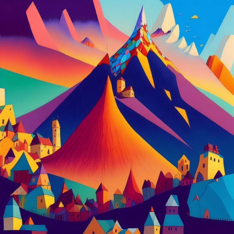 Vibrant village illustration with mosaic mountain and gradient sky