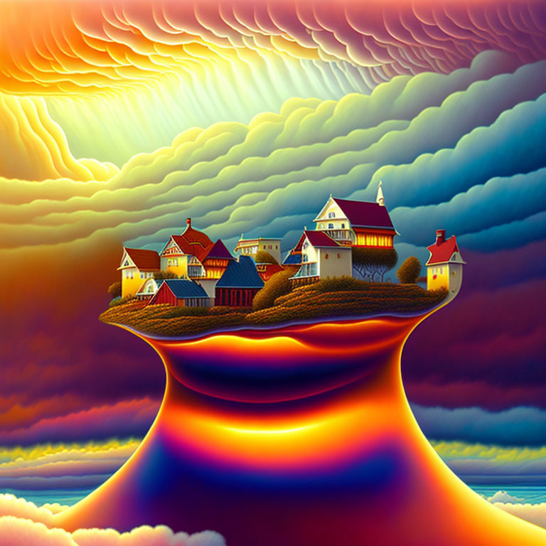 Whimsical village on floating landmass under orange clouds
