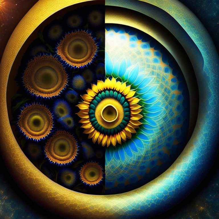 Fractal sunflower-like pattern in blue and gold tones