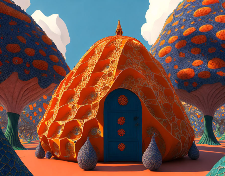 Orange Dome Structure with Blue Door Among Whimsical Blue Trees