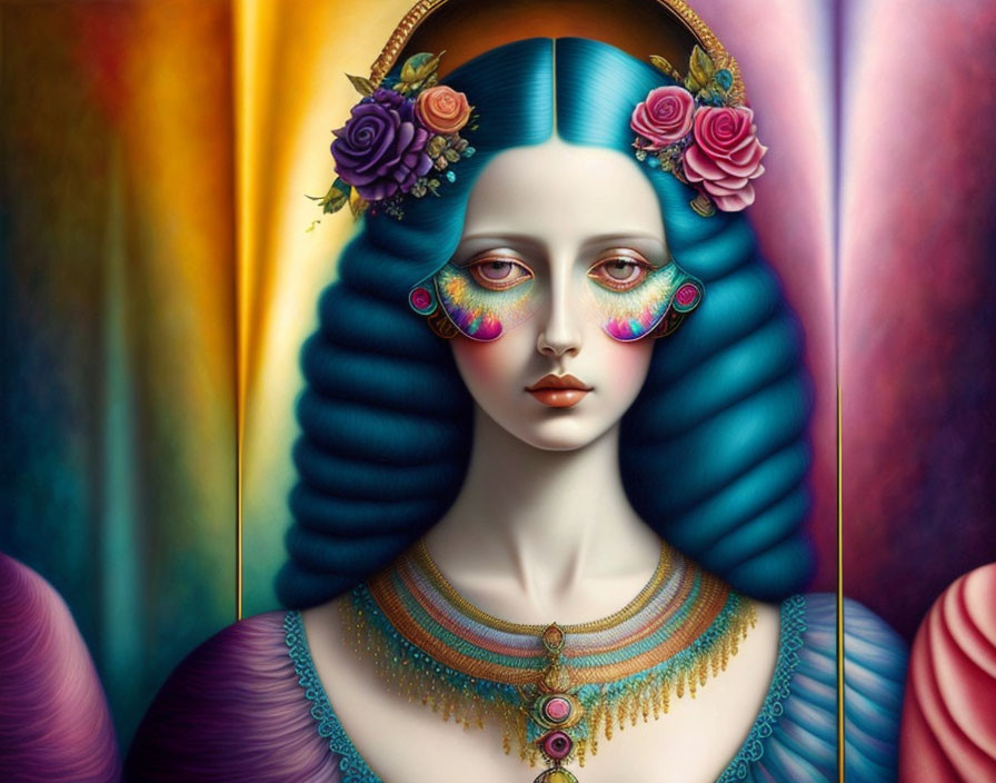 Colorful surreal portrait of a woman with blue hair and roses, intricate jewelry, and vibrant makeup against