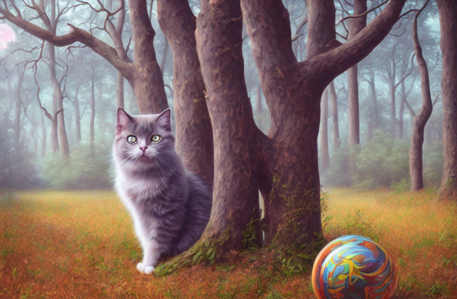 Grey and White Cat in Misty Forest with Colorful Ball and Twisted Trees
