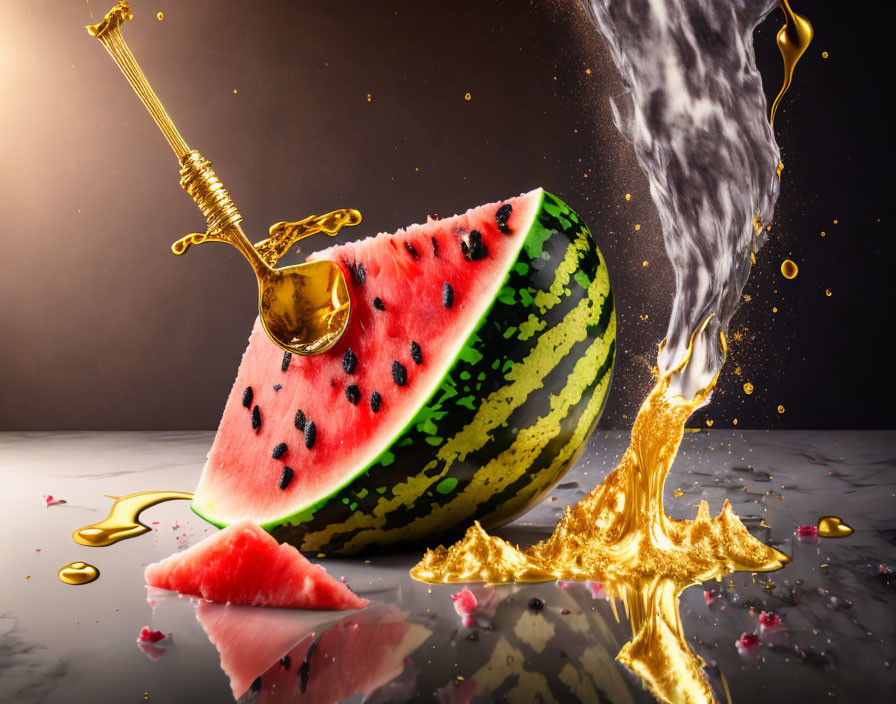 Dynamic Watermelon Slice with Golden Liquid and Sword on Dark Background
