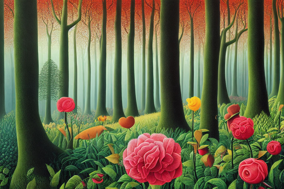 Detailed Roses in Vibrant Forest Scene with Slender Trees
