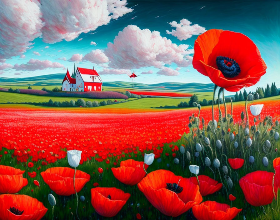 Scenic red poppy field with house under fluffy sky