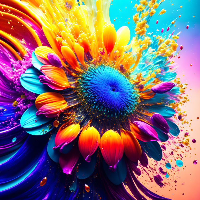 Colorful paint and flower petals explosion on neon background
