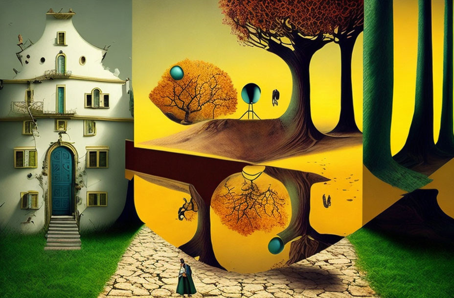 Surreal landscape with melting yellow structure and quirky house