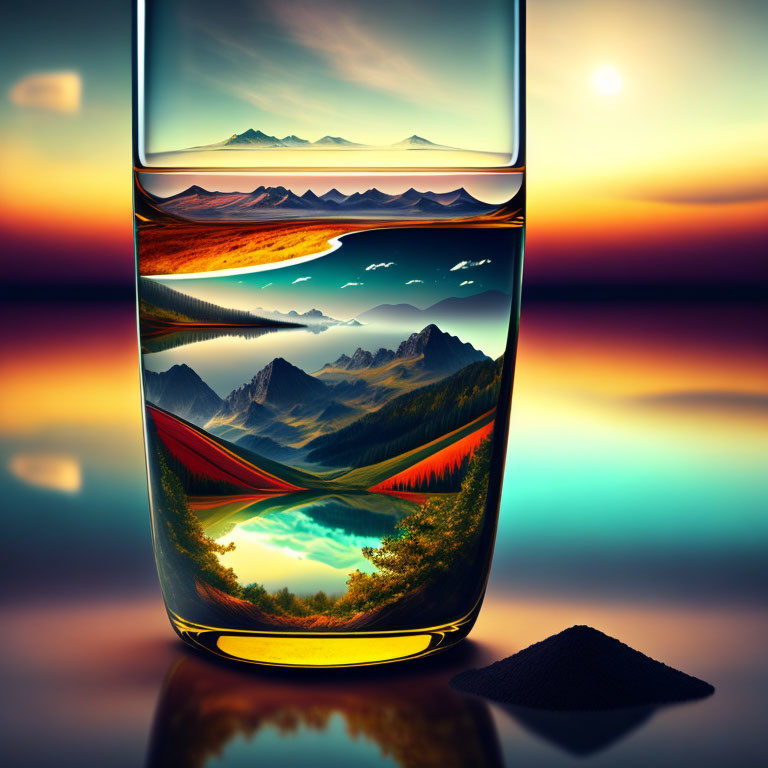 Whiskey glass distorts scenic lake view into colorful layers