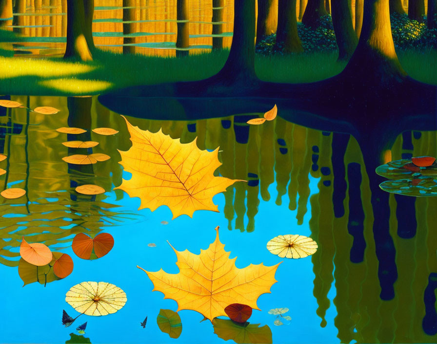 Leaves floating on a pond