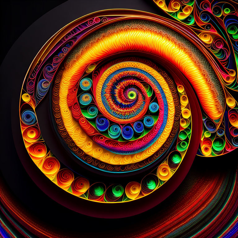 Vibrant abstract spiral art with colorful, intricate patterns