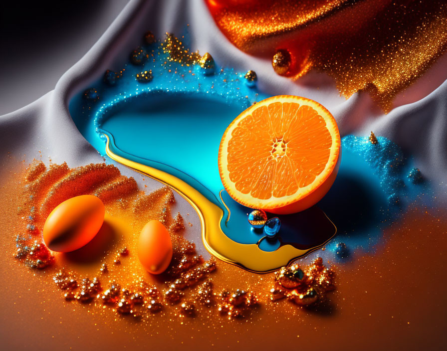 Colorful still life featuring sliced orange, marbles, and glitter with blending liquids.