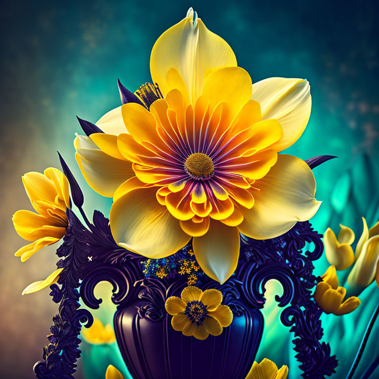 Detailed digital artwork: Large yellow flower in ornate vase on teal background