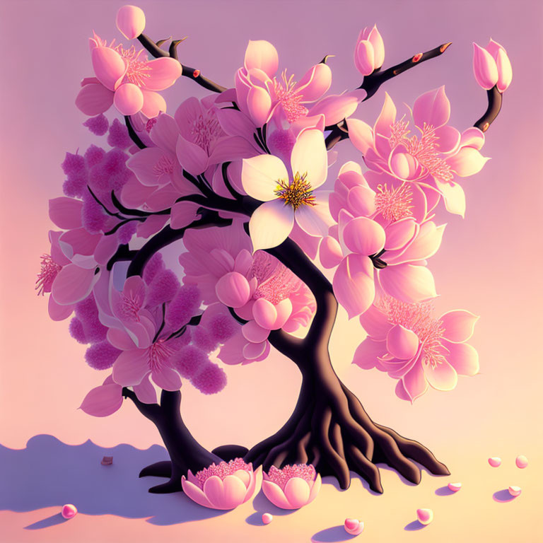 Pink Blossom Tree Illustration on Gradient Background