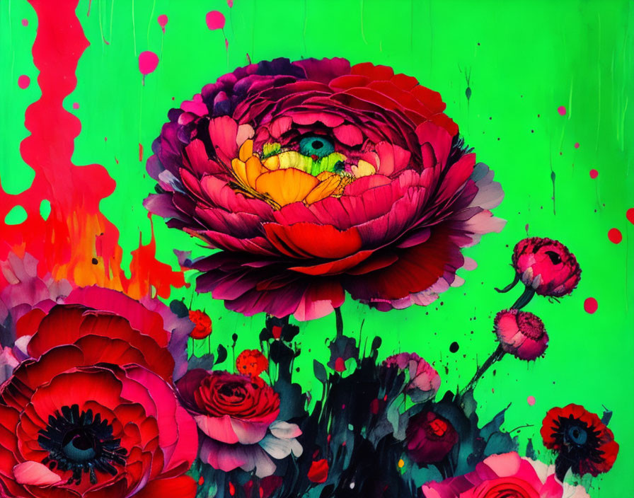 Colorful digital artwork featuring red and pink peonies on green and red paint background