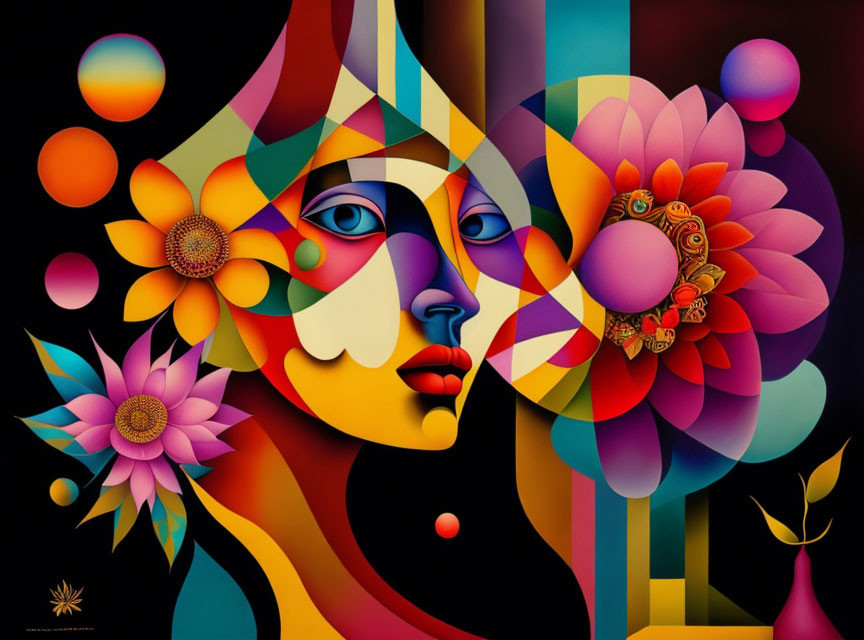 Colorful abstract art: stylized female face with geometric shapes and floral elements on dark backdrop