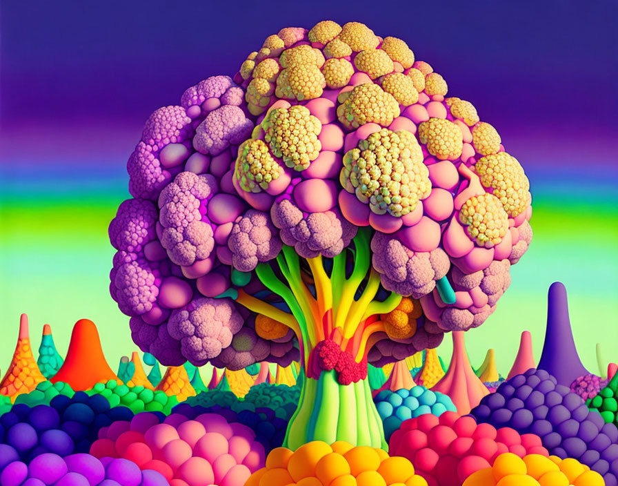 Colorful surreal landscape with oversized broccoli tree & whimsical terrain