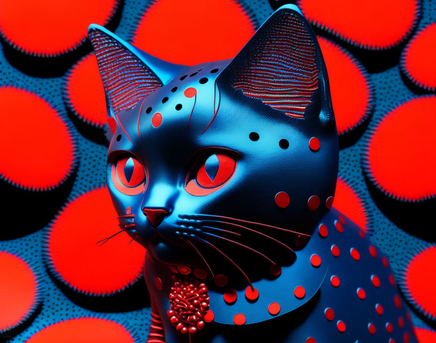 Blue Cat Statue with Red Polka Dots and Round Eyes on Red Circle Background