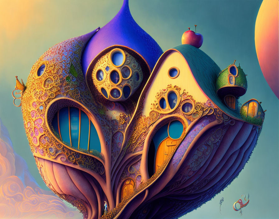 Colorful organic structure with intricate patterns and floating elements in dreamy sky