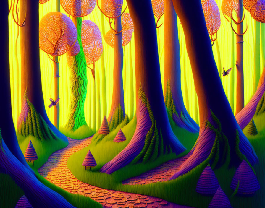 Fantastical forest scene with oversized mushrooms and illuminated trees