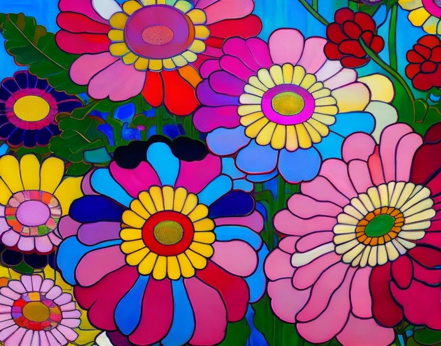 Vibrant Flower Painting with Blue, Pink, Purple, and Yellow Outlines