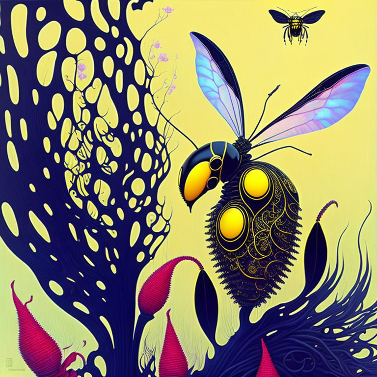 Artistic image: Bee with intricate patterns flying among whimsical plants on yellow background