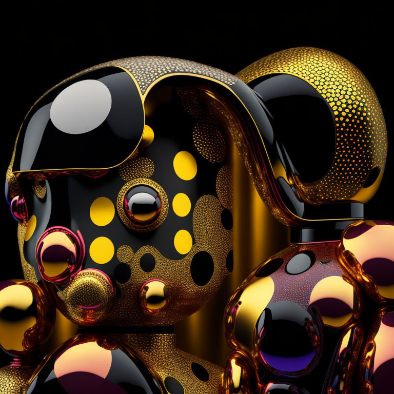 Abstract black and gold sculpture with intricate patterns and reflective bubbles