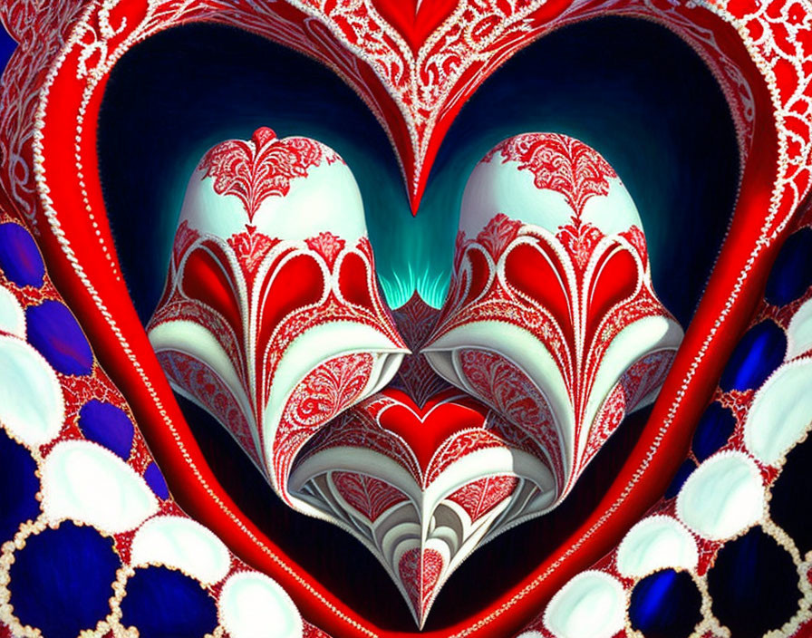 Intricate fractal image with heart center and red, white, blue patterns