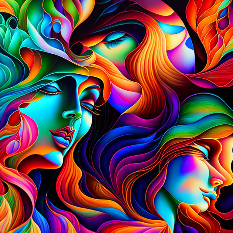 Colorful Psychedelic Digital Artwork: Entwined Female Faces with Floral Elements