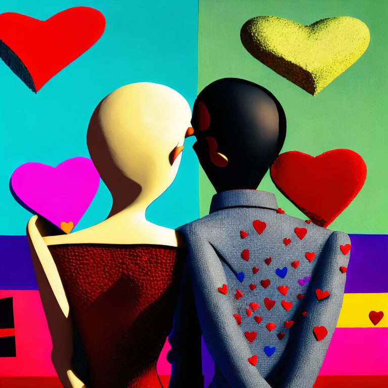 Stylized figures about to kiss surrounded by colorful hearts on multi-colored background
