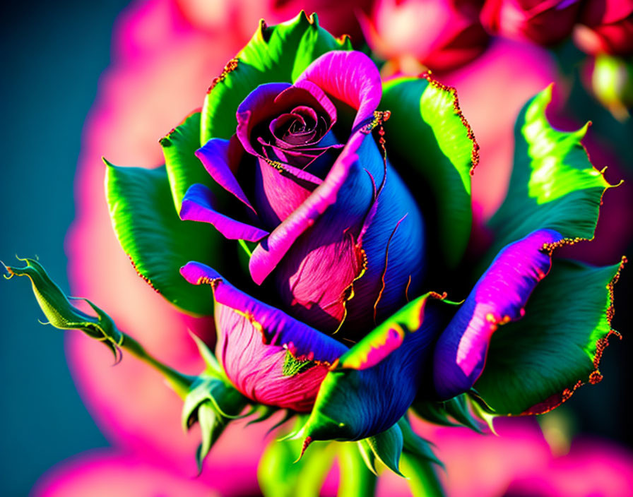 Vibrant Rose with Purple and Green Petals and Yellow Edges