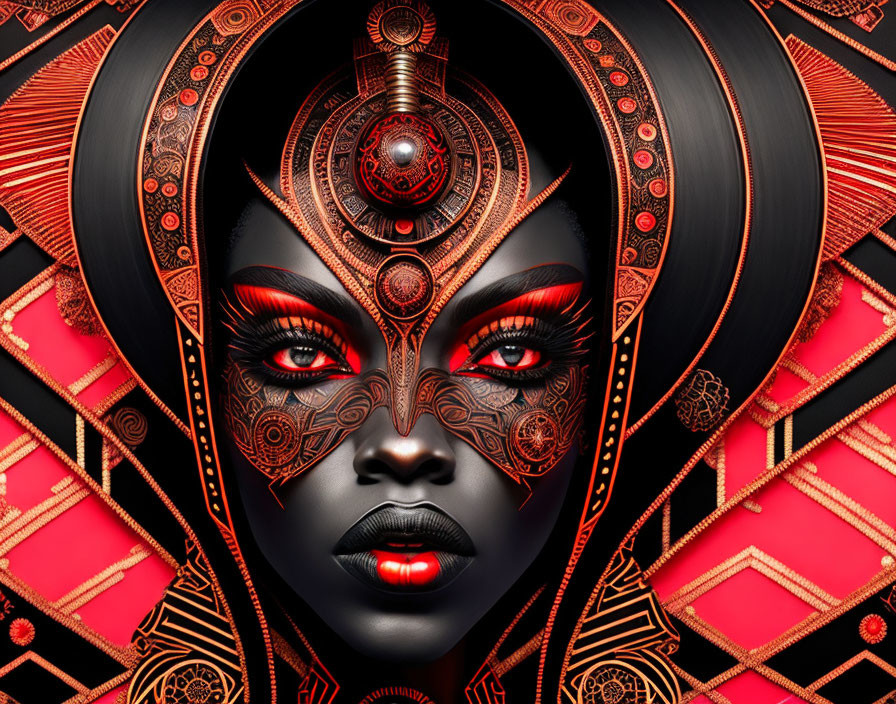 Digital artwork featuring woman with red and black headgear and intricate facial markings