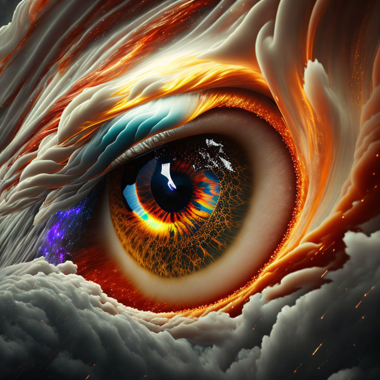 Vividly colored eye in cosmic space with swirling clouds and fiery scene