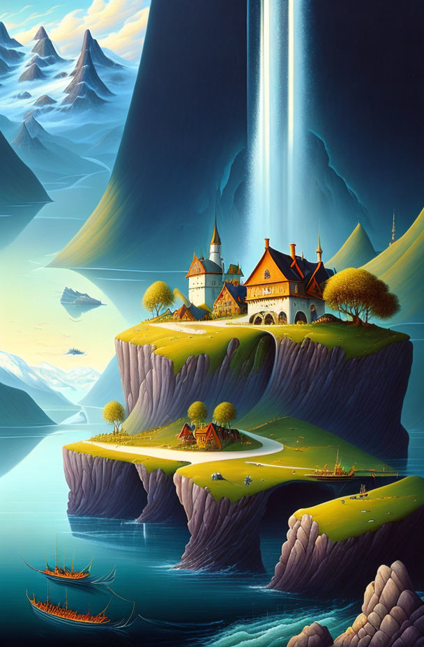 Fantasy landscape: castle, waterfall, ships, autumn trees, twilight sky