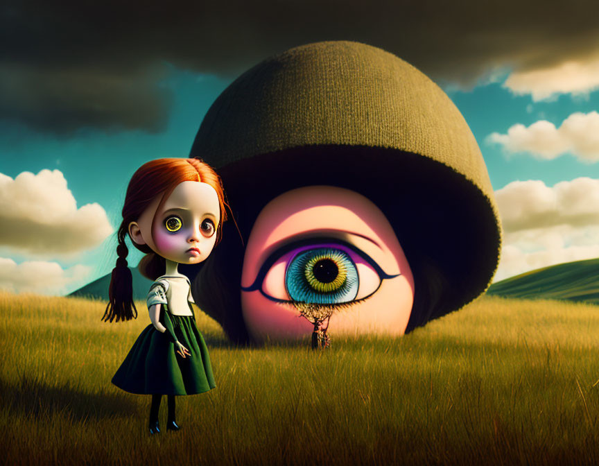 Surreal image: girl with oversized eyes and giant eye on hill under dramatic sky