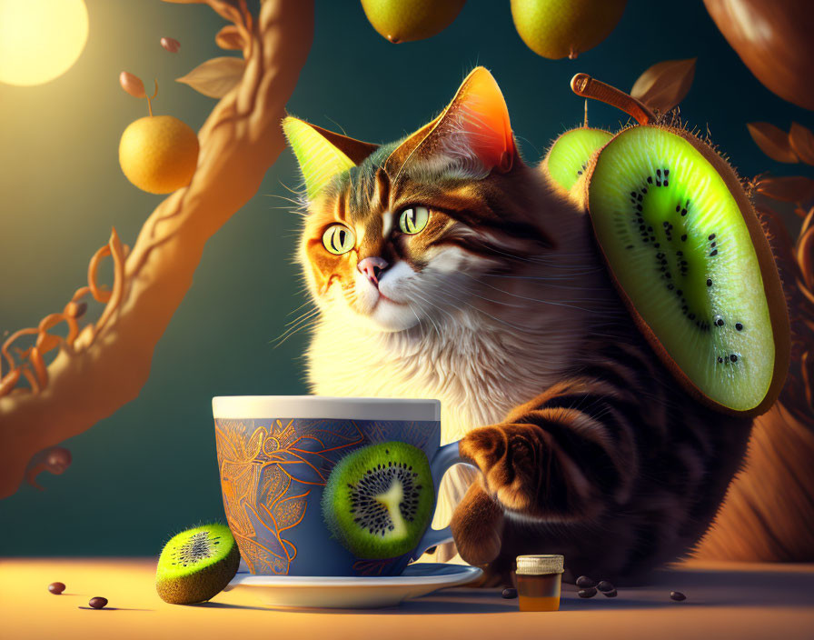 Whimsical cat with kiwi fruit ears beside decorated cup and coffee beans