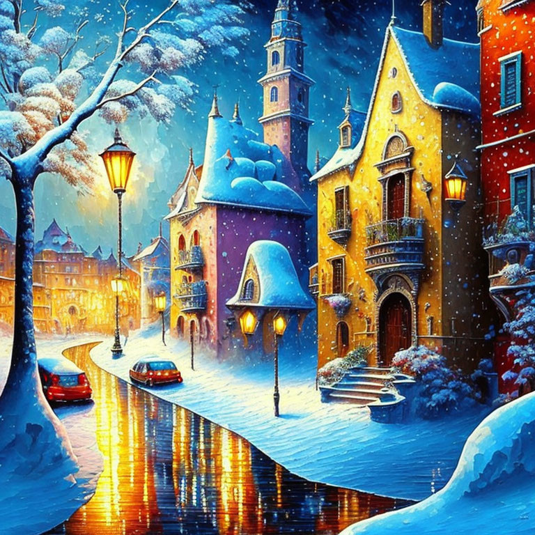 Colorful Snowy Town Night Scene with Street Lamps and Falling Snow