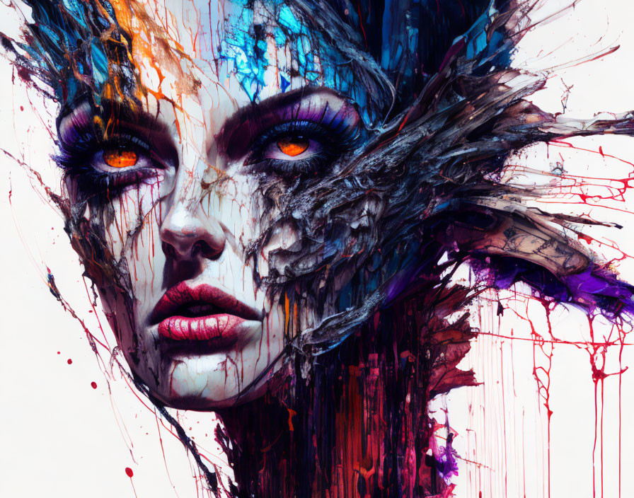 Digital artwork: Woman's face split in vibrant abstract design