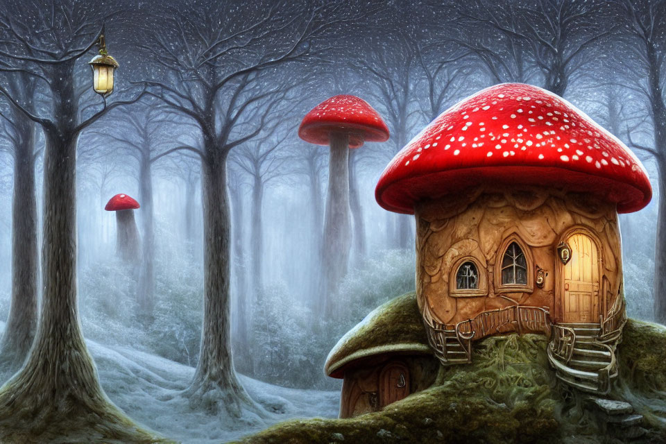 Illustration of red-capped mushroom house in foggy enchanted forest