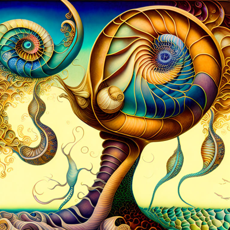 Vibrant surreal art: spiraling trees, abstract patterns, yellow & blue gradient.